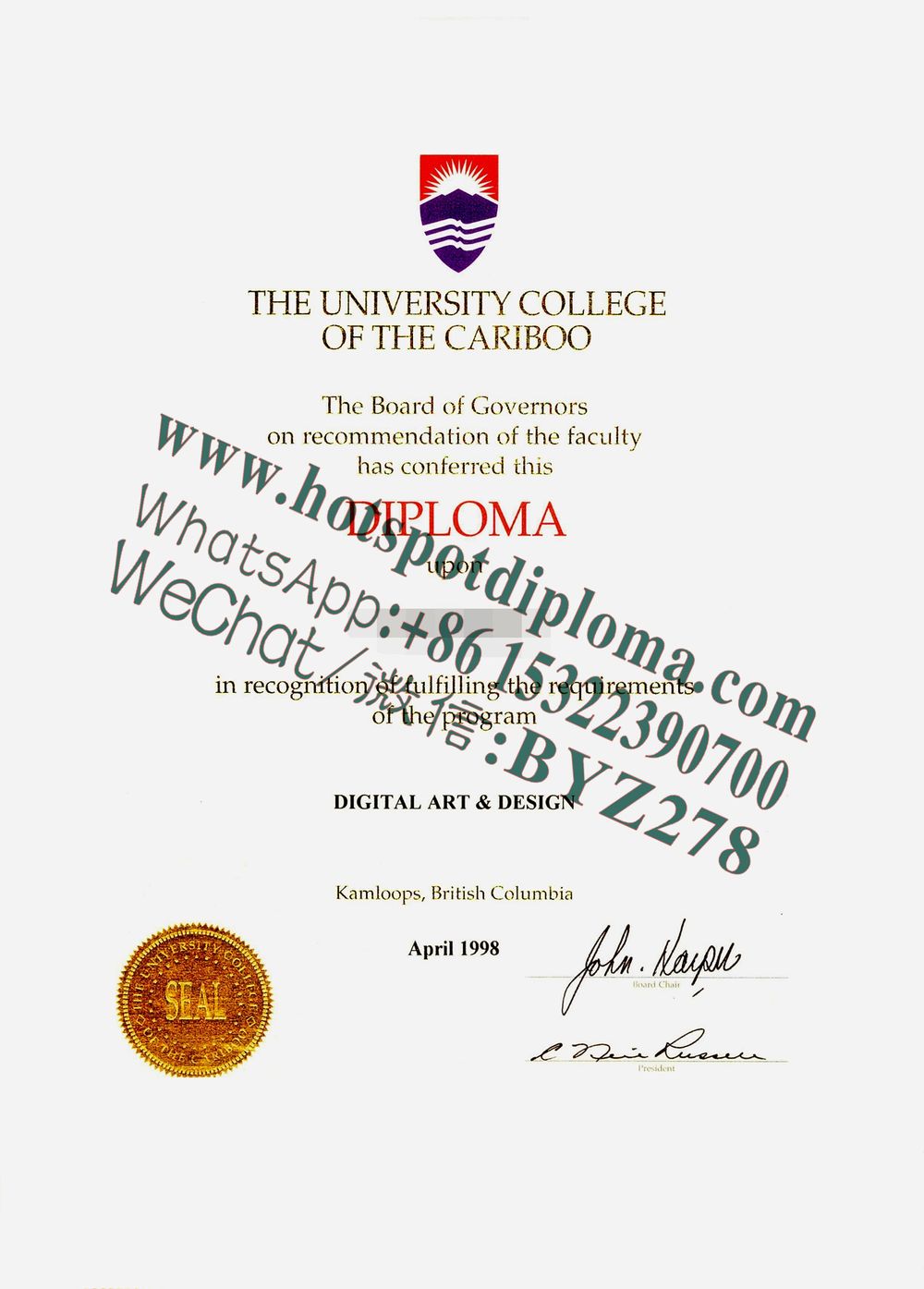 Fake Cariboo University Diploma certificate Fake Cariboo University Diploma certificate
