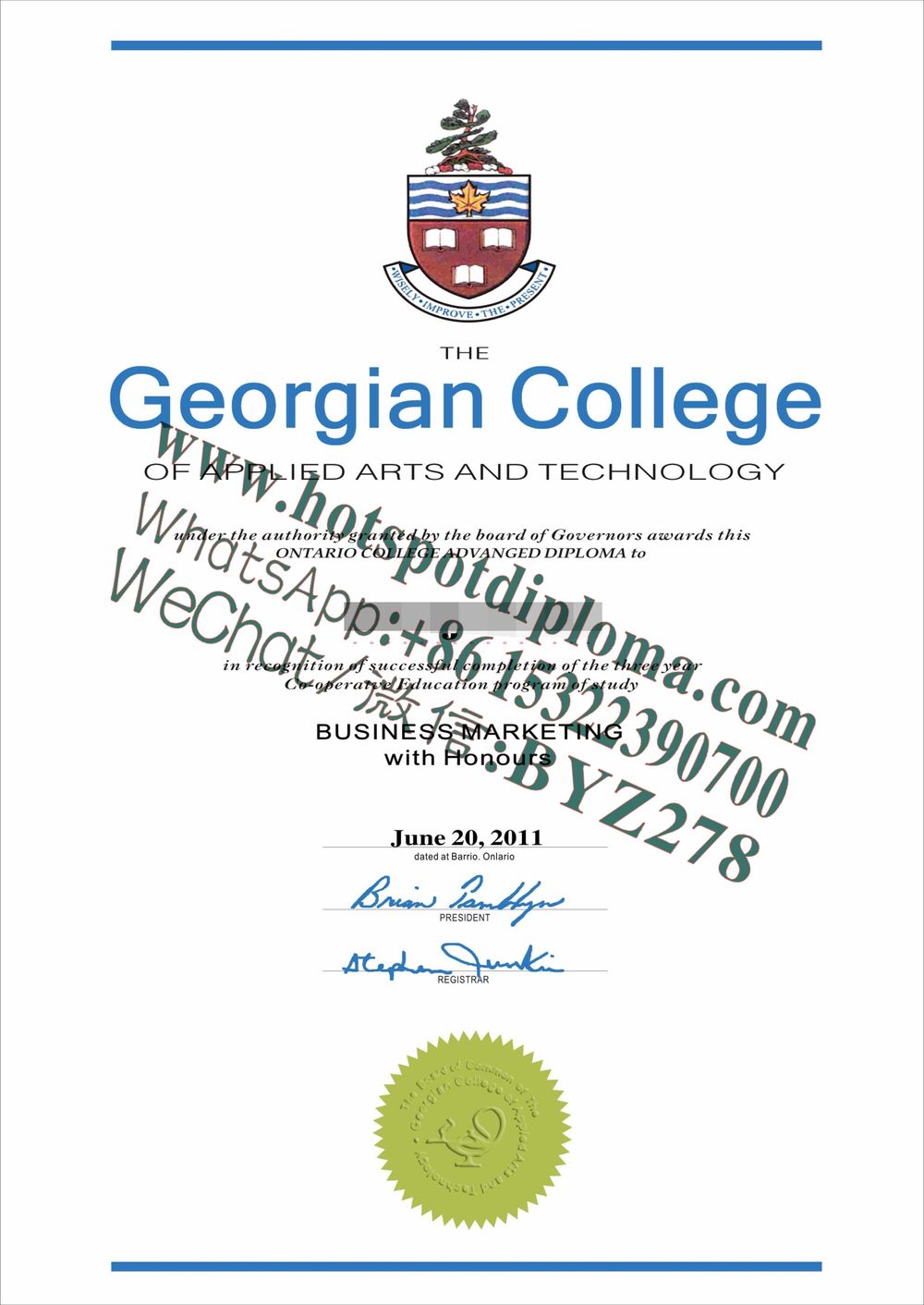 Fake Georgian College Diploma certificate Fake Georgian College Diploma certificate