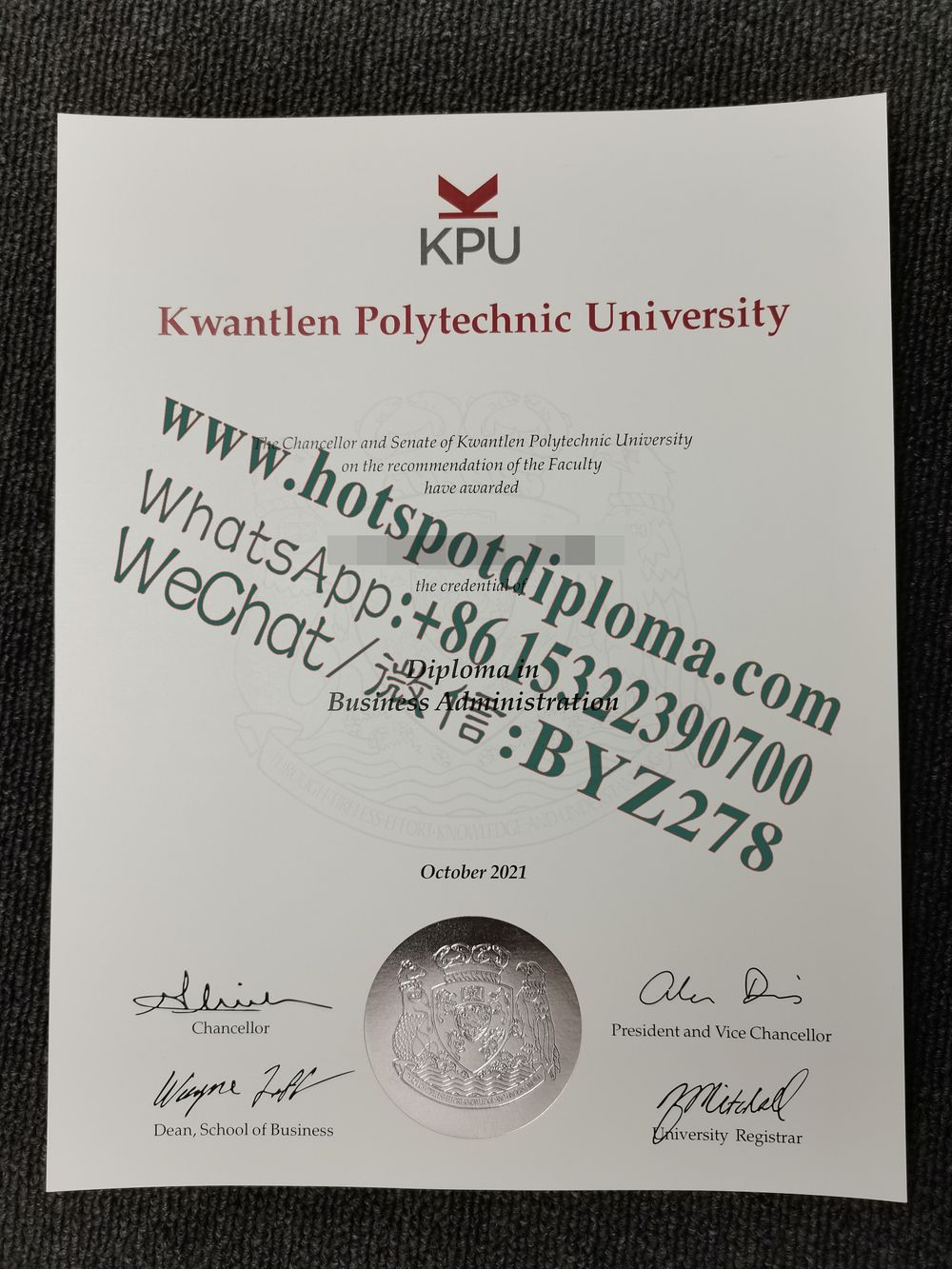 Fake Kwantlen Polytechnic University Diploma certificate Fake Kwantlen Polytechnic University Diploma certificate