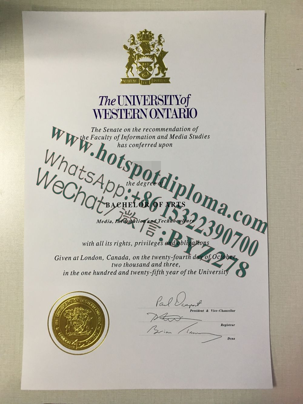 Fake University of Western Ontario Diploma certificate Fake University of Western Ontario Diploma certificate
