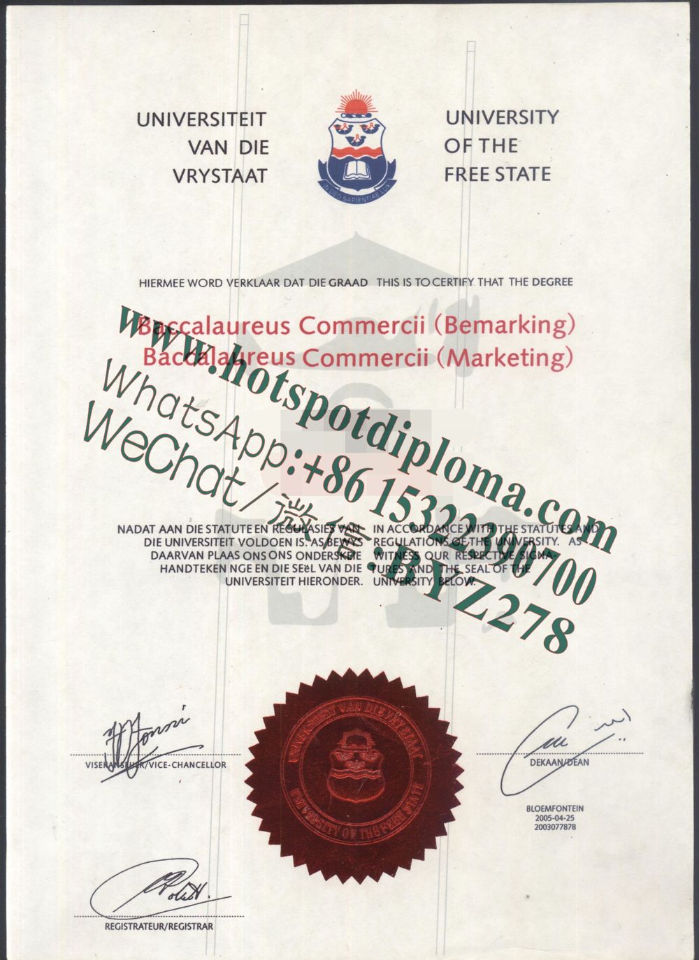 Buy fake University of The Free State Diploma