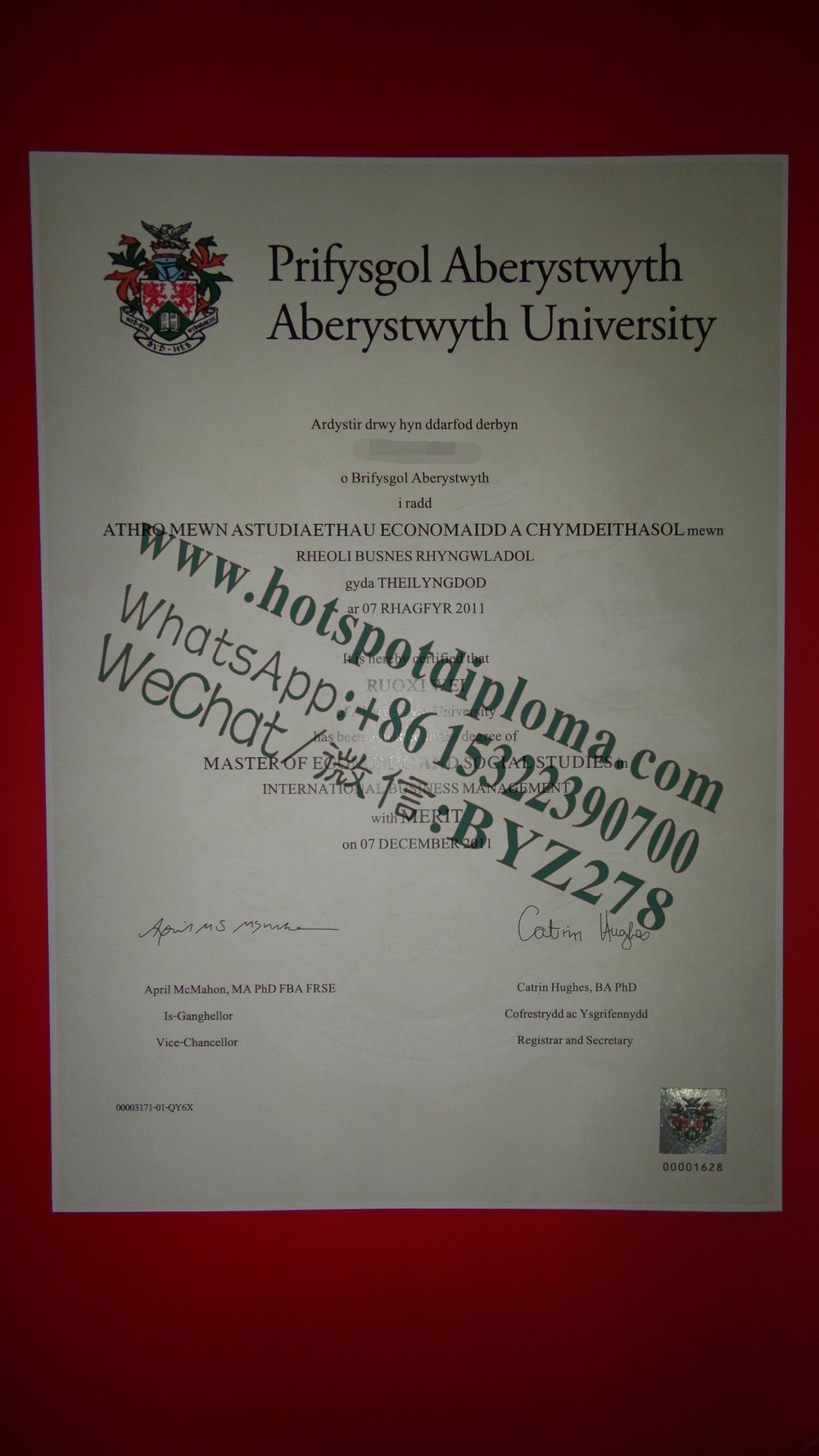 Fake Aberystwyth University Diploma template certificate certificate