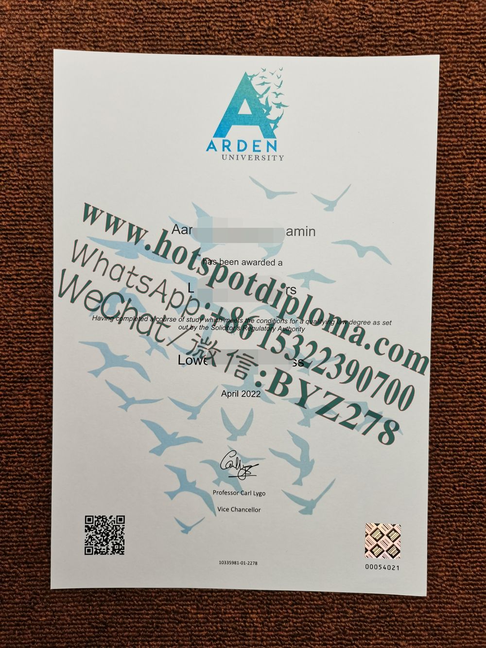 Fake Arden University Diploma certificate certificate