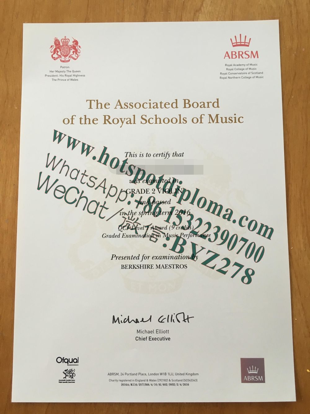 Fake Associted Board Royal School of Music Diploma certificate certificate
