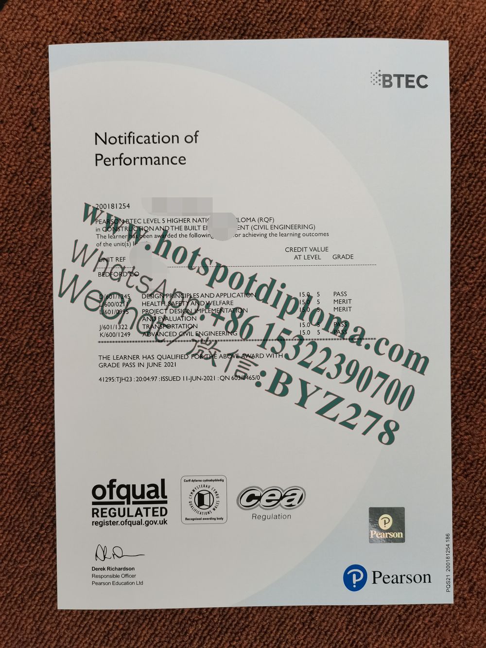 Fake Award certificate of Bedford College certificate certificate