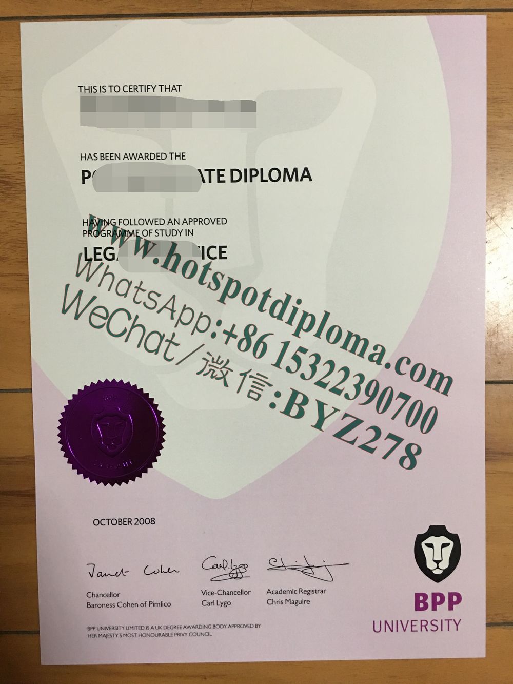 Fake BPP University Diploma certificate certificate