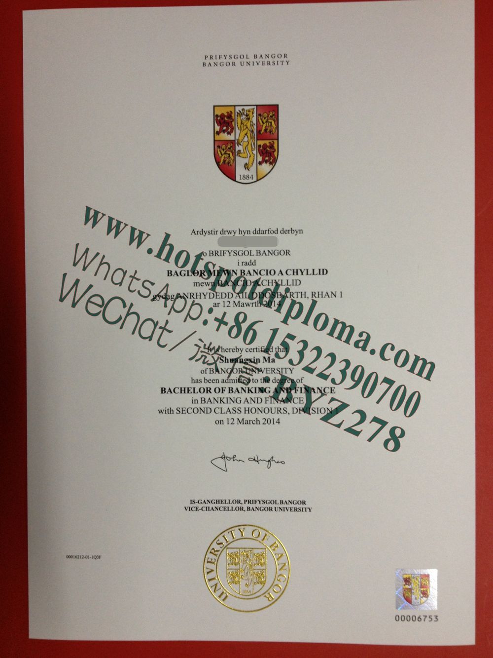 Fake Bangor University Diploma certificate certificate