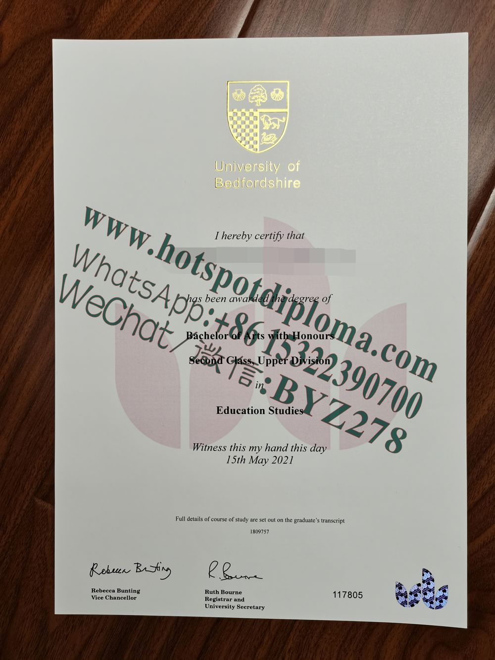 Fake Bedford University Diploma certificate certificate