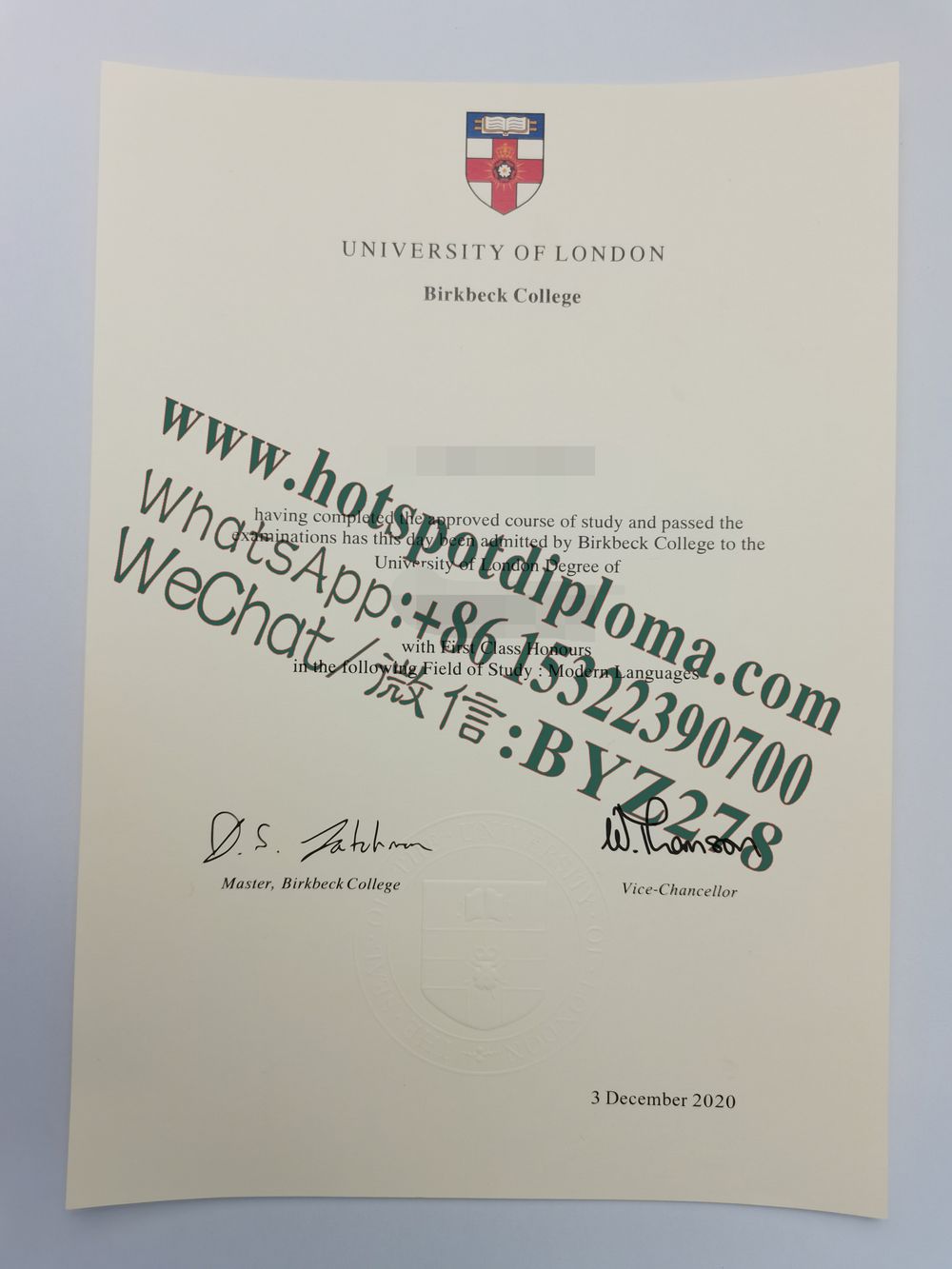 Fake Birkbeck  University of London Diploma certificate certificate