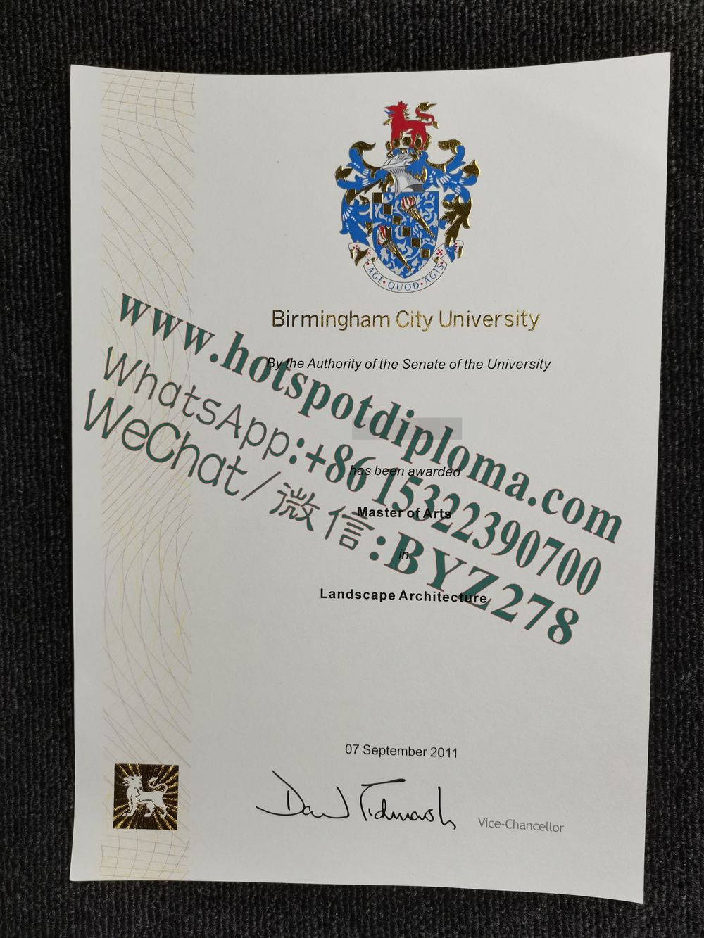 Fake Birmingham City University Diploma certificate certificate