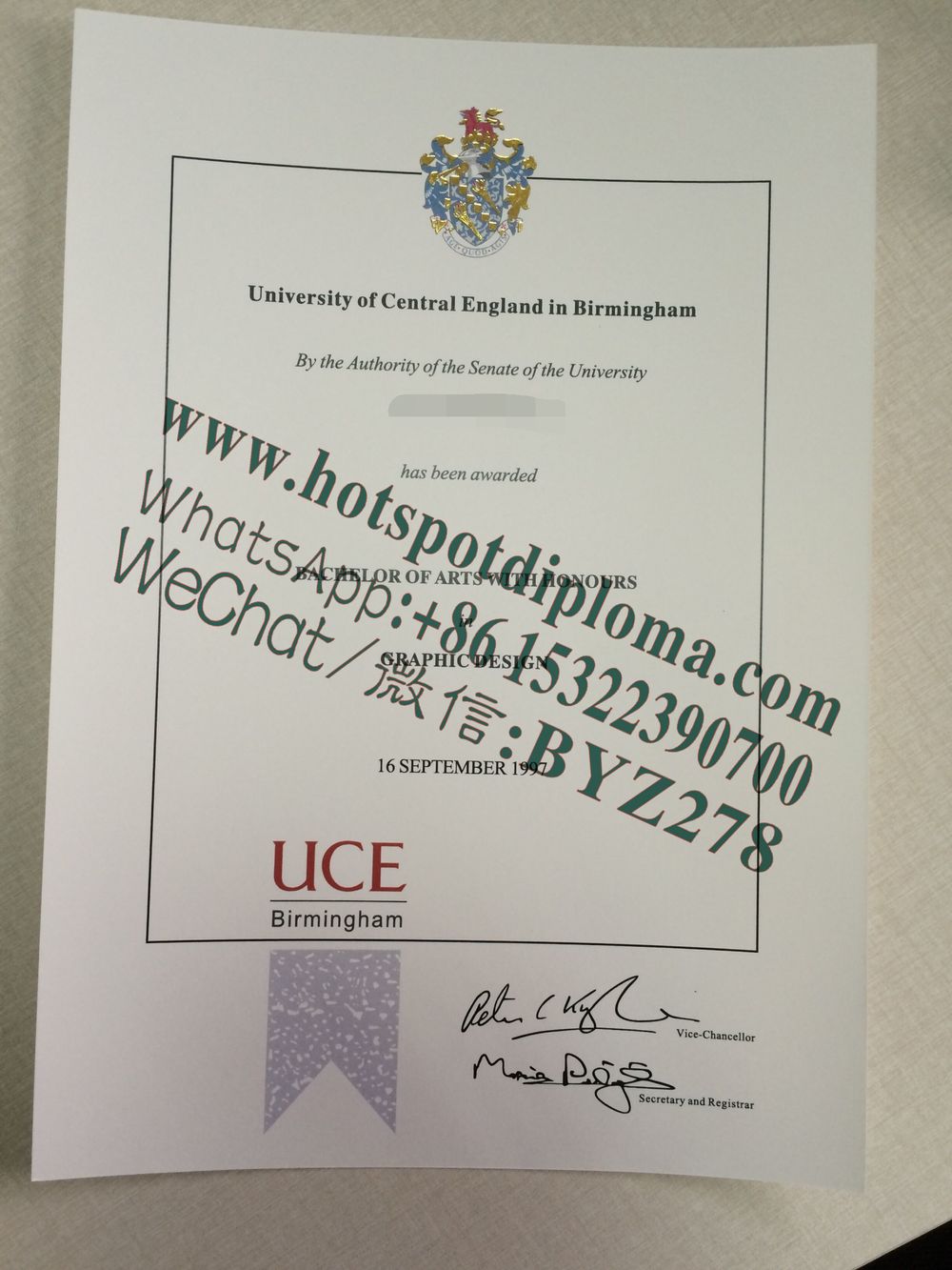 Fake Birmingham University of Central England diploma certificate certificate