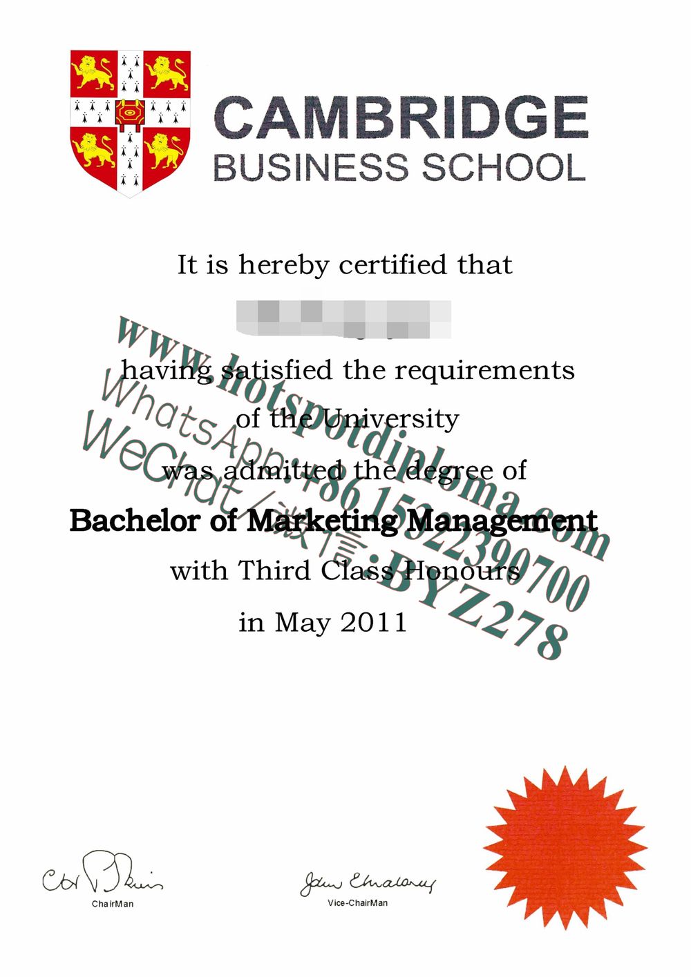 Fake Cambridge Business School Diploma certificate certificate