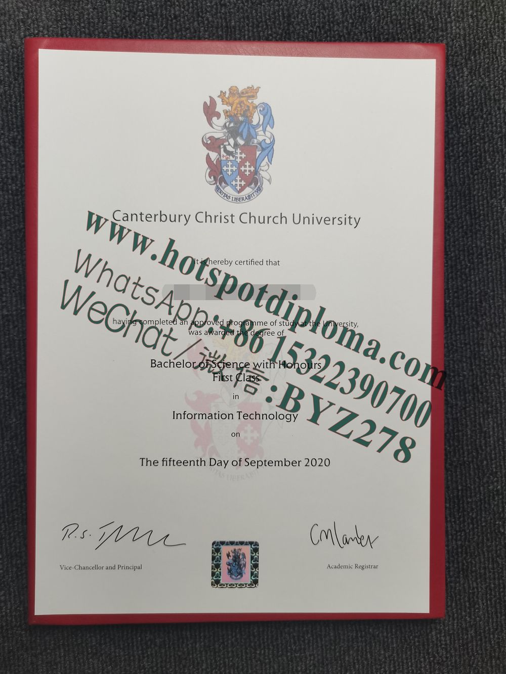 Fake Canterbury Christ Church University Diploma certificate certificate