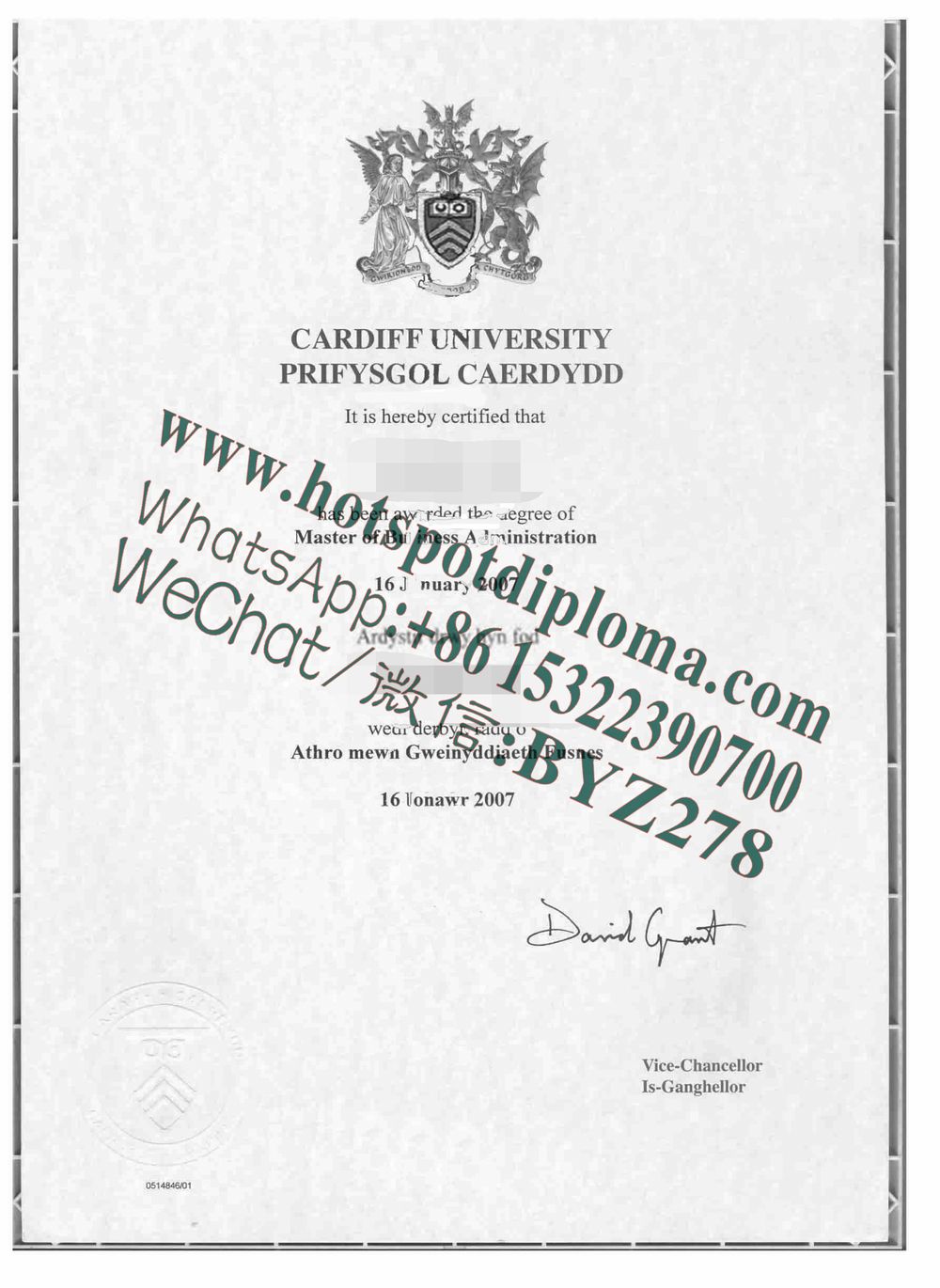 Fake Cardiff University Diploma certificate certificate
