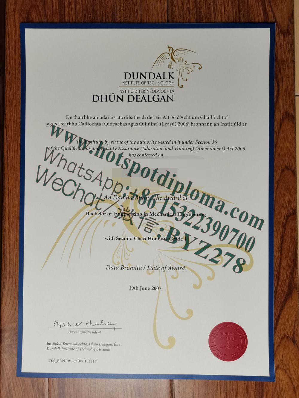 Fake Dundalk Polytechnic Diploma certificate