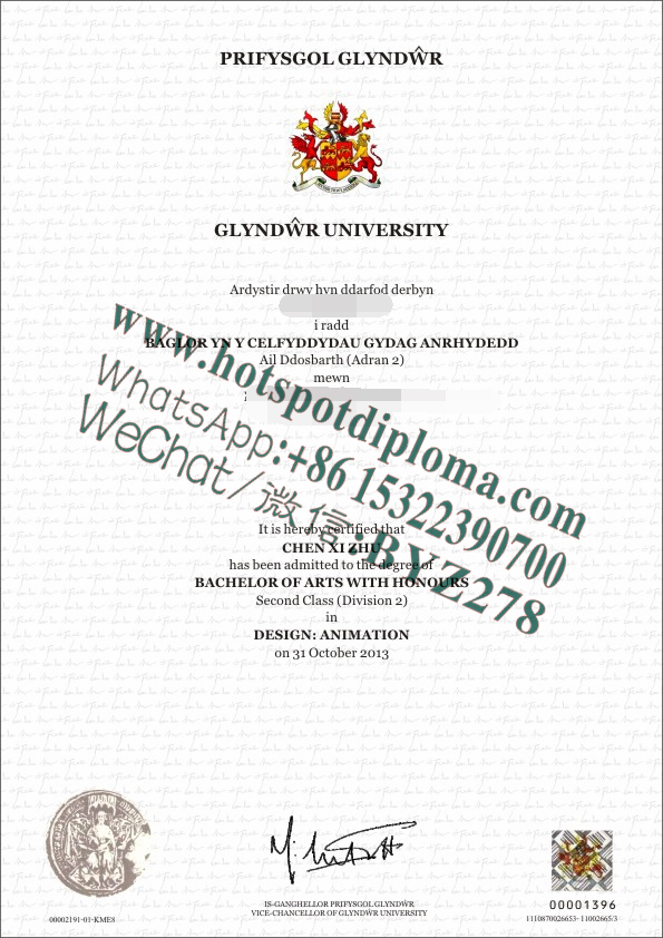 Fake Glyndwr University Diploma certificate certificate