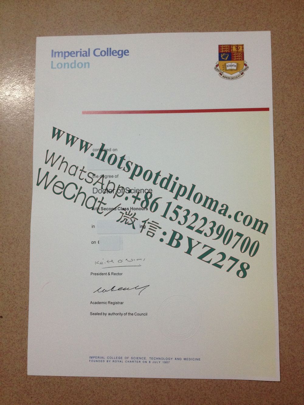 Fake Imperial College London Diploma Sample certificate certificate