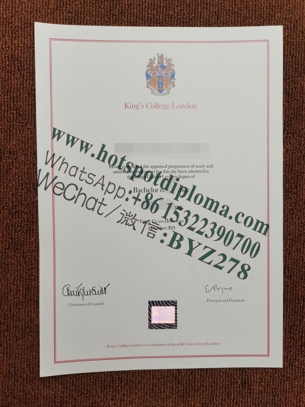 's College London Diploma sample certificate certificate