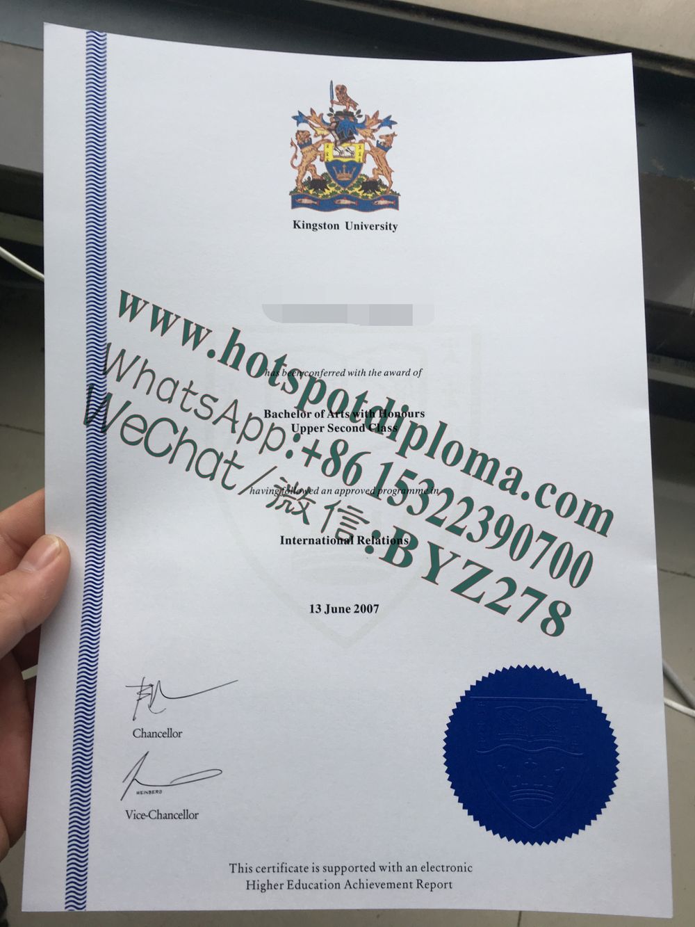Fake Kingston University Diploma certificate certificate