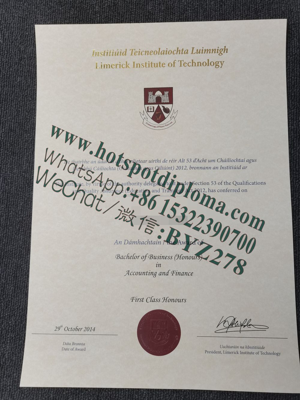 Fake Limerick Institute of Technology Diploma certificate