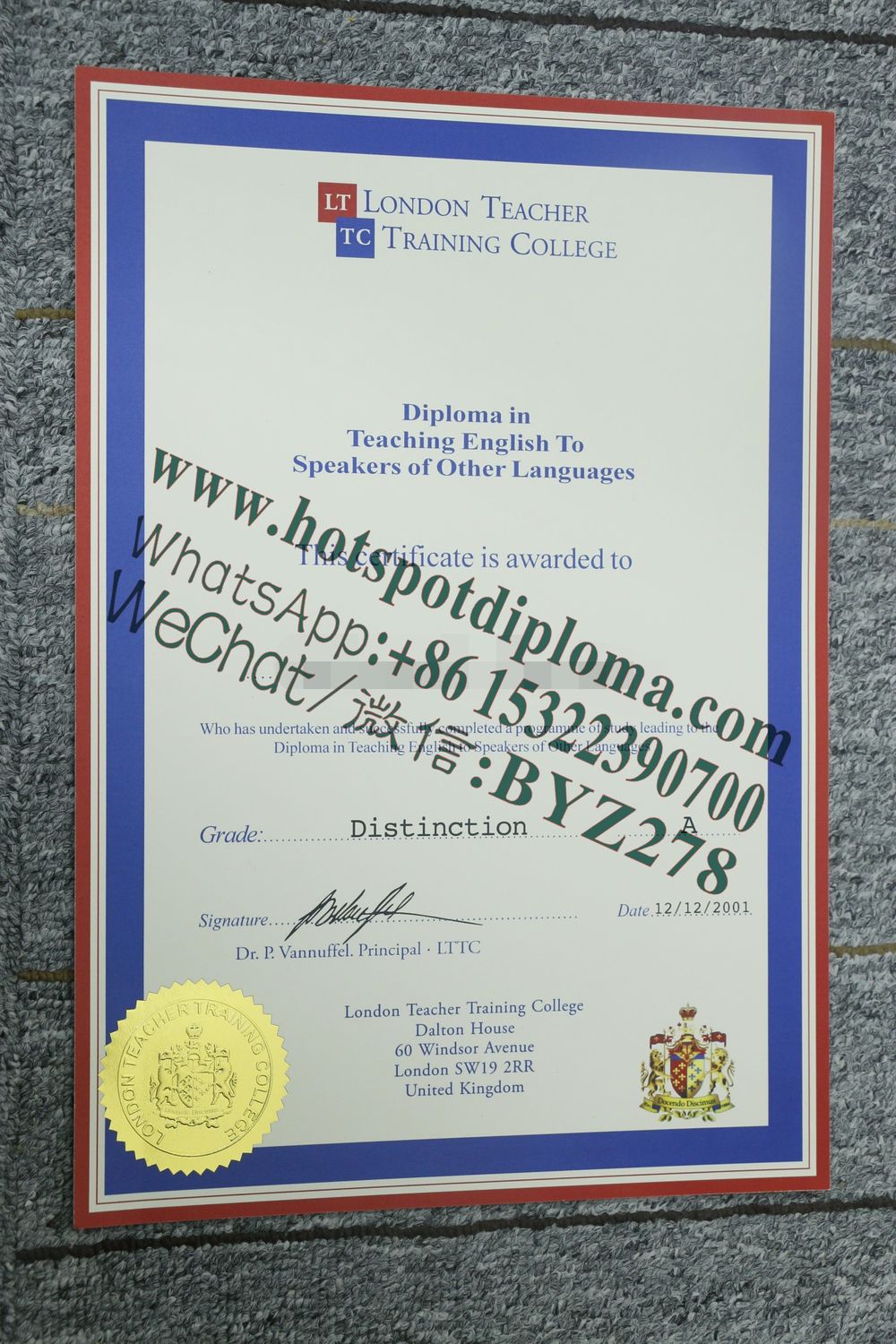 Fake London College of Teachers and Trainers Diploma certificate certificate