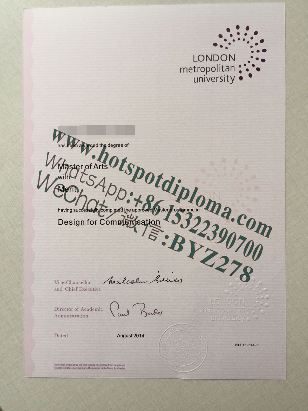 Fake London Metropolitan University Diploma certificate certificate