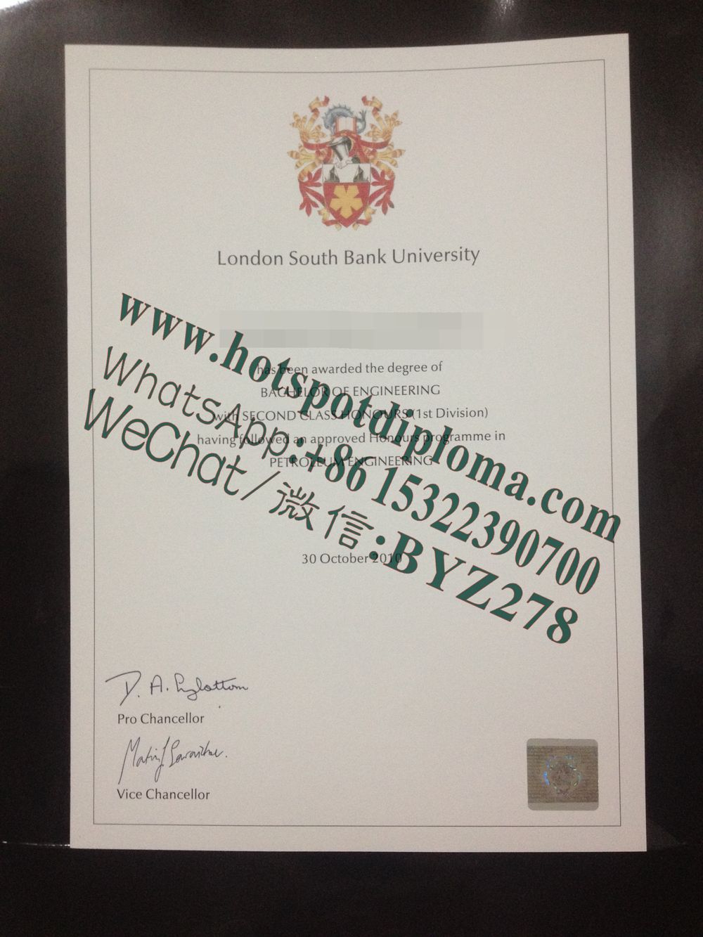 Fake London South Bank University Diploma certificate certificate