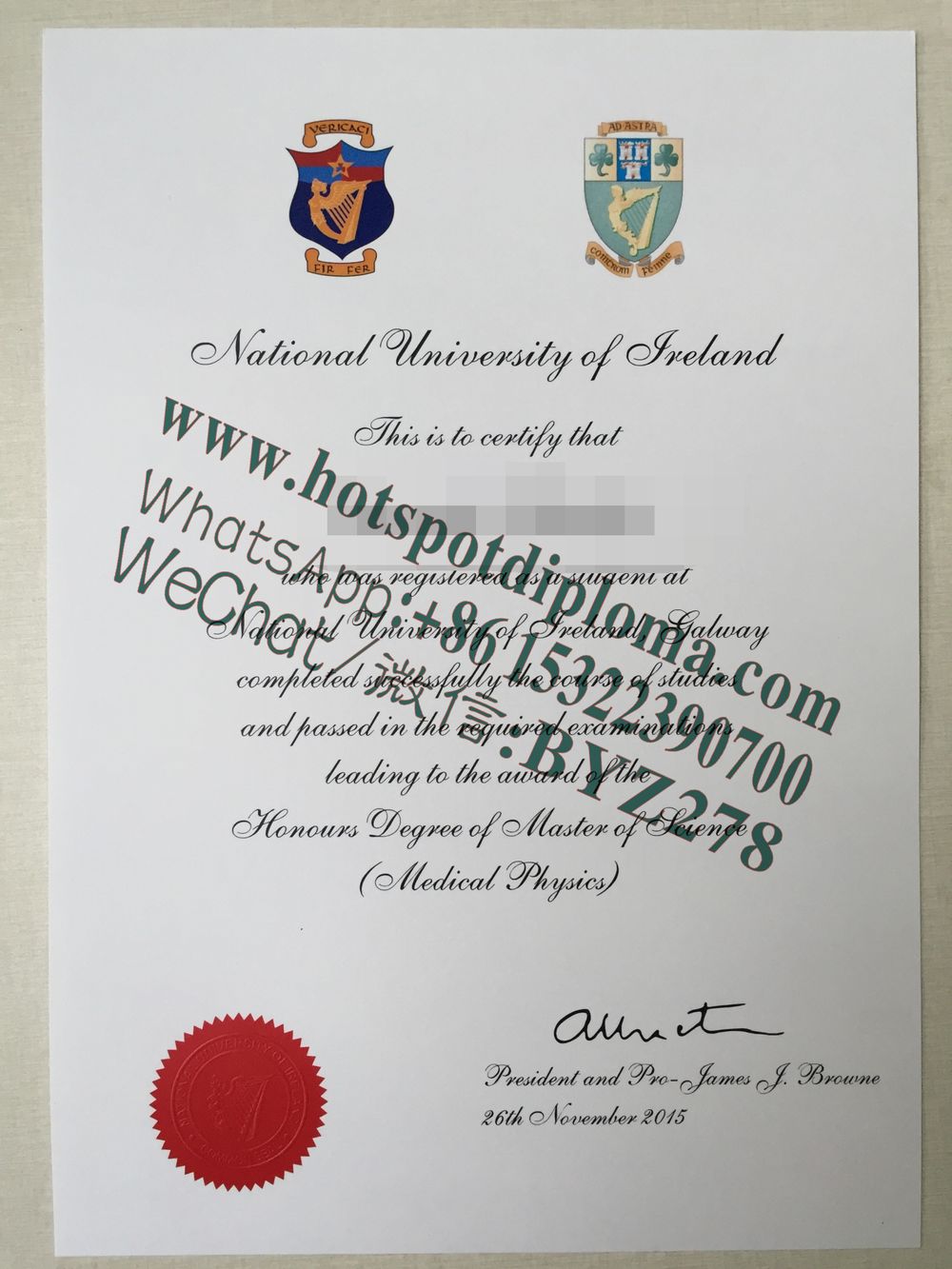 Fake National University of Ireland diploma sample certificate