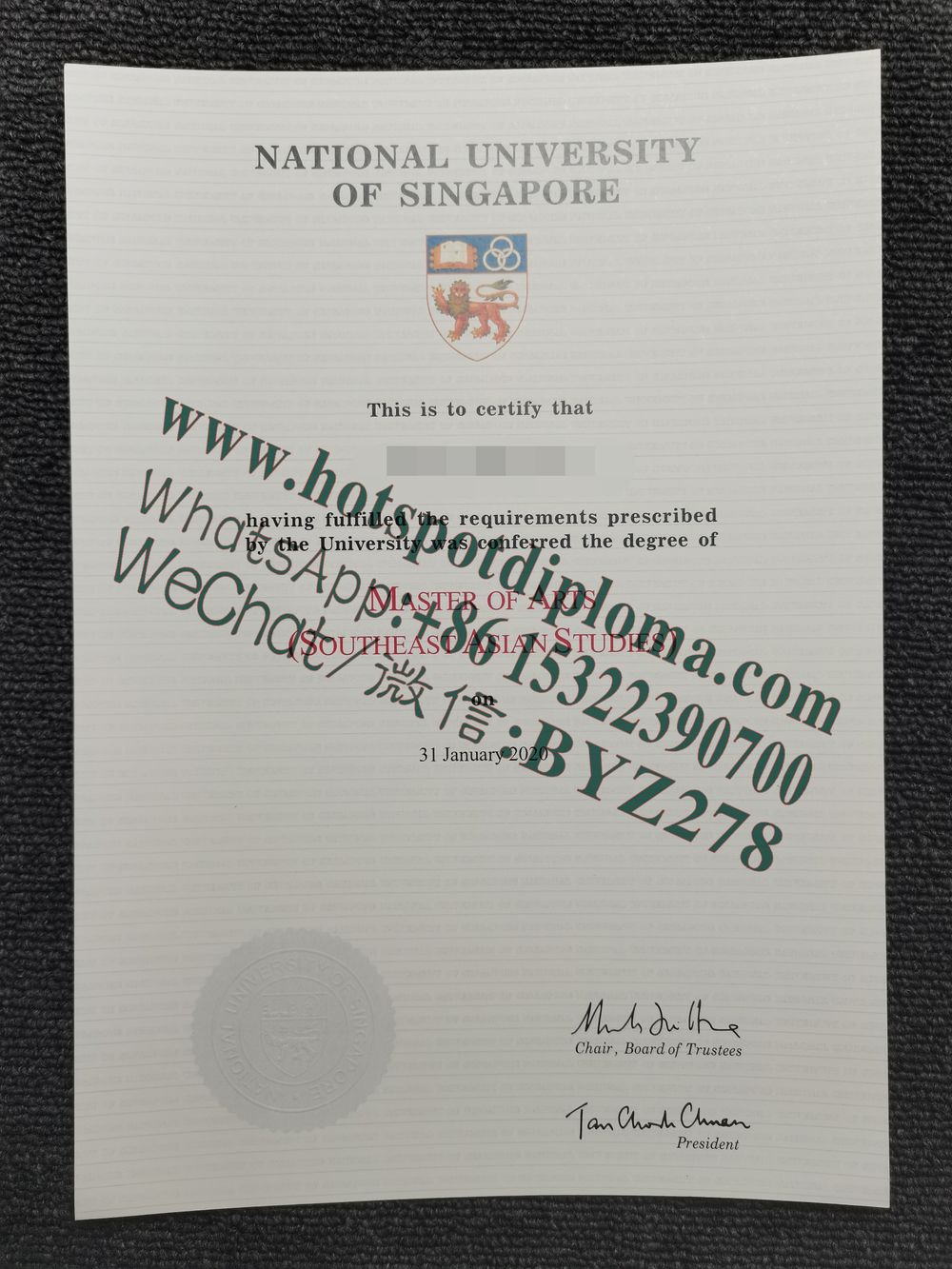 Fake National University of Singapore Diploma transcript