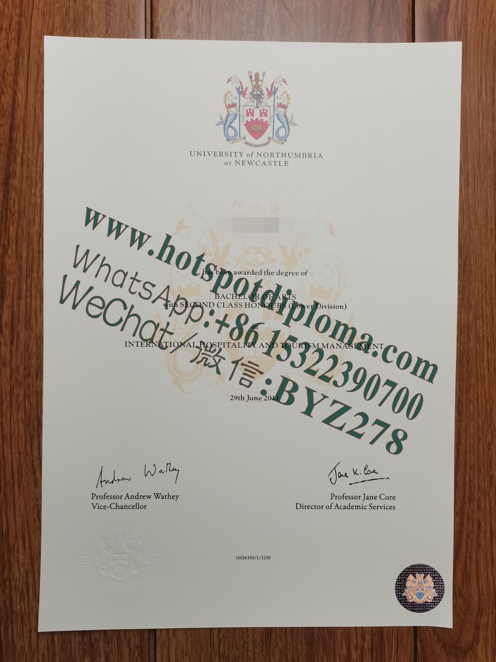 Fake Northumbria University Diploma sample certificate certificate
