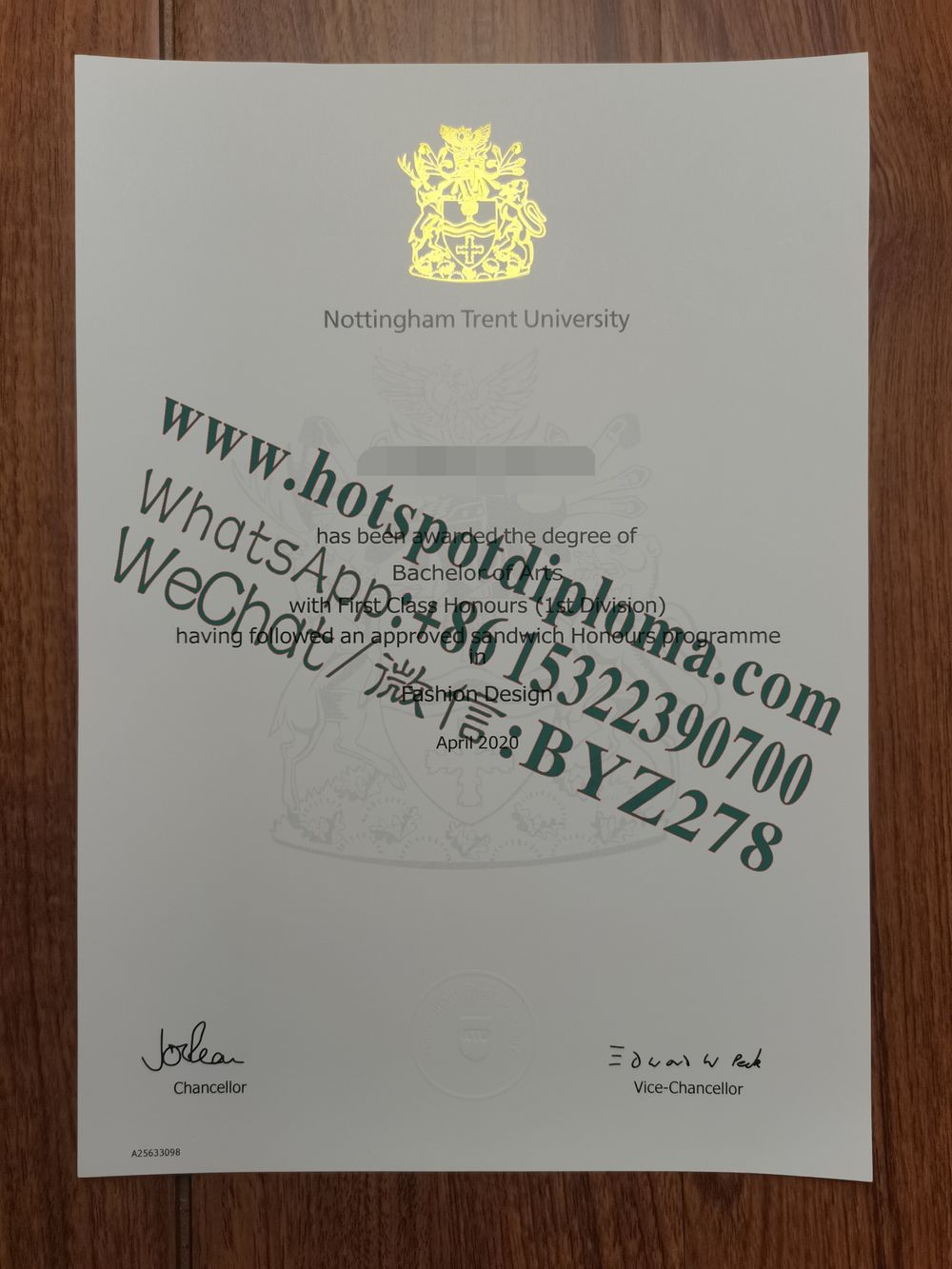 Fake Nottingham Trent University Diploma sample certificate certificate