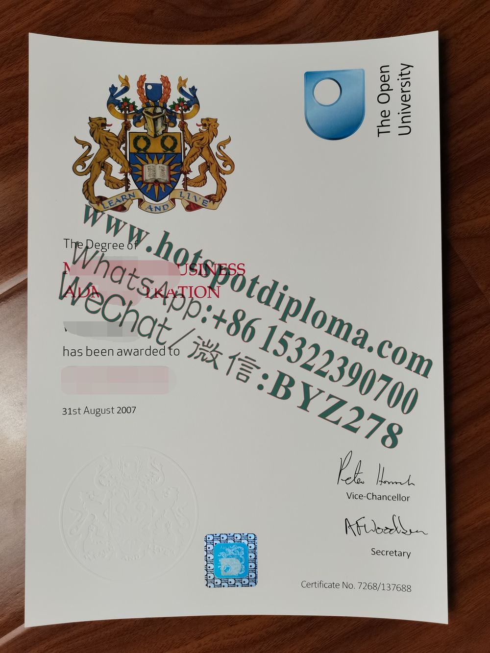 Fake Open University Diploma Sample certificate certificate