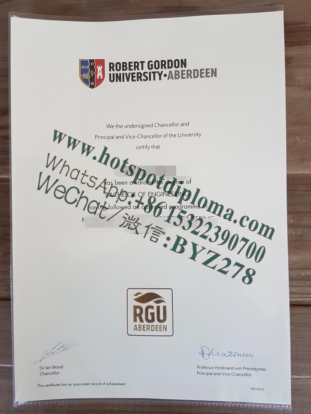 Fake Robert Gordon University Diploma certificate