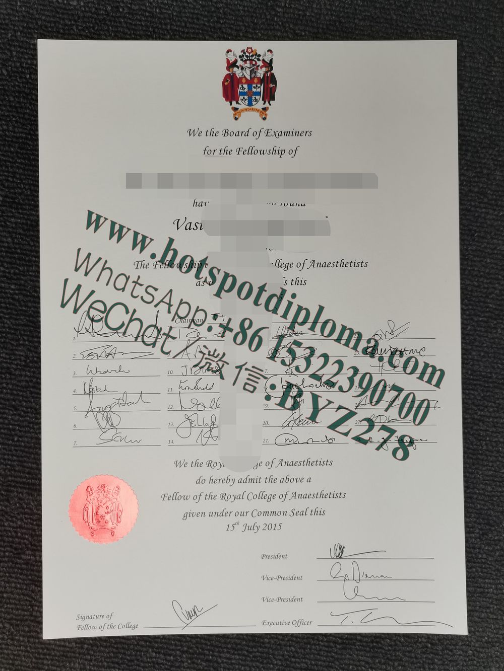 Fake Royal College of Anesthesiologists Diploma certificate certificate