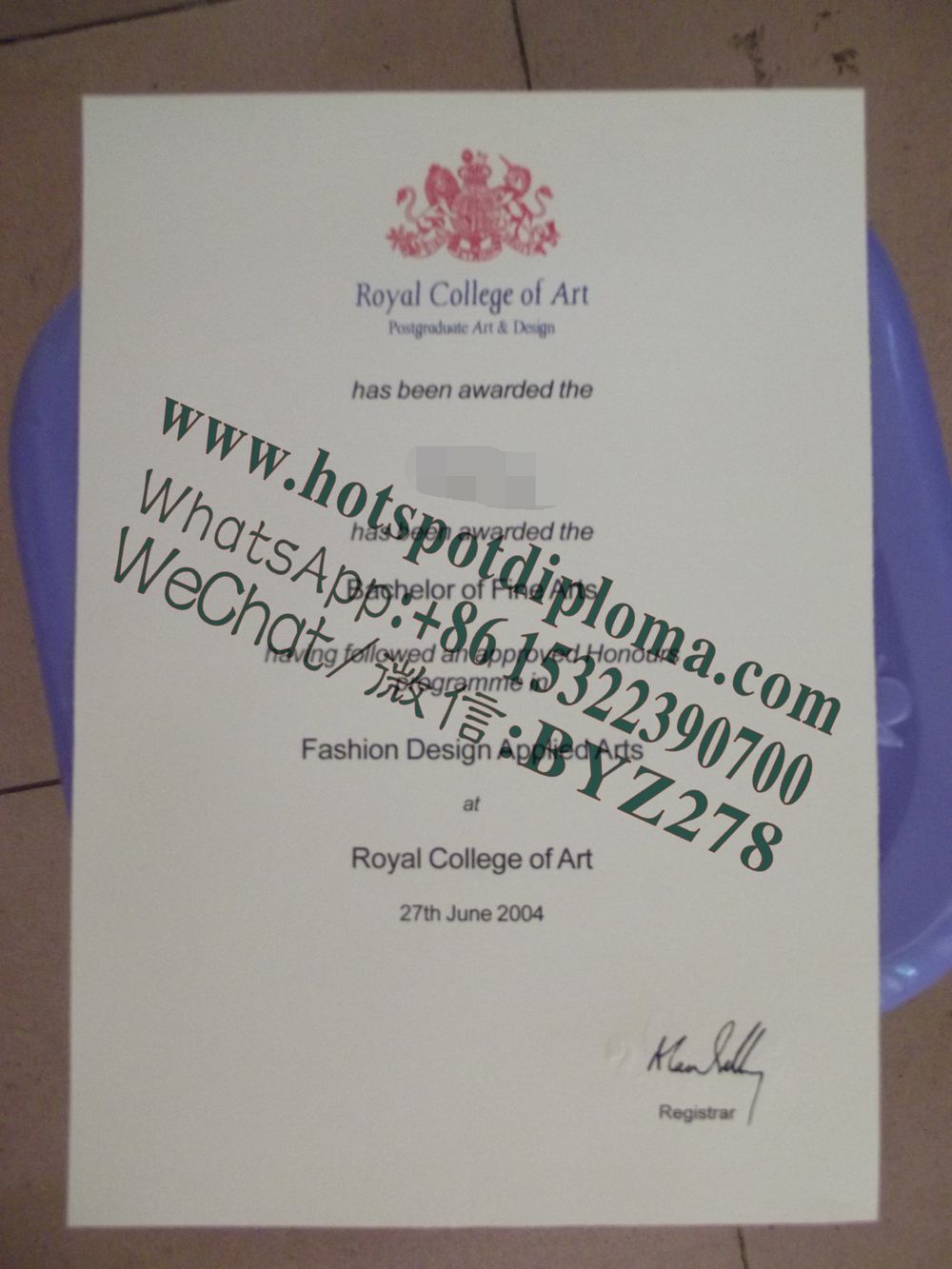 Fake Royal College of Art Diploma certificate certificate