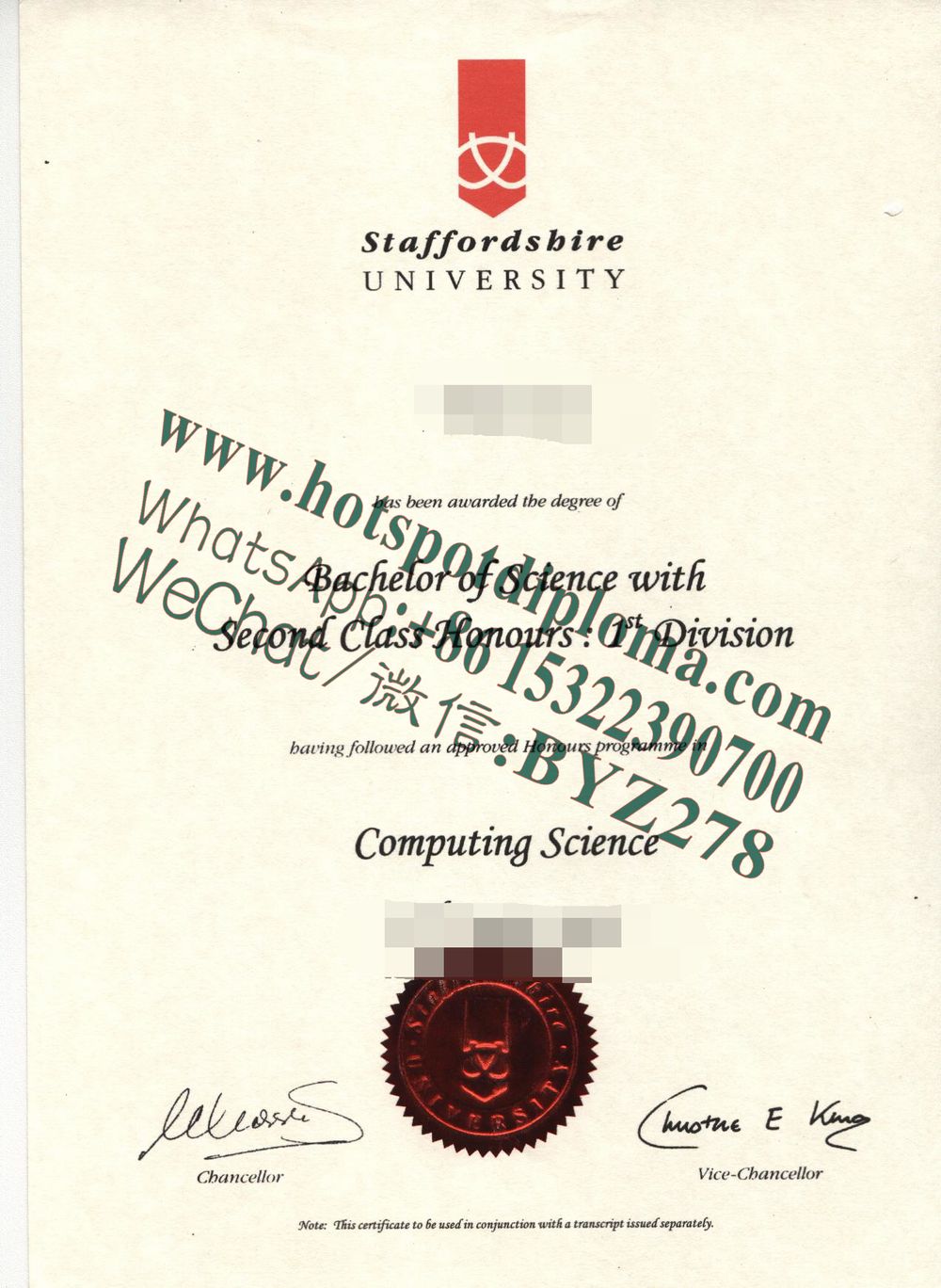 Fake Staffordshire University Diploma certificate certificate