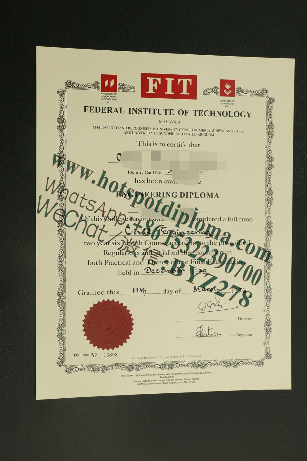 Fake Sunderland Federal Institute of Technology Diploma certificate certificate