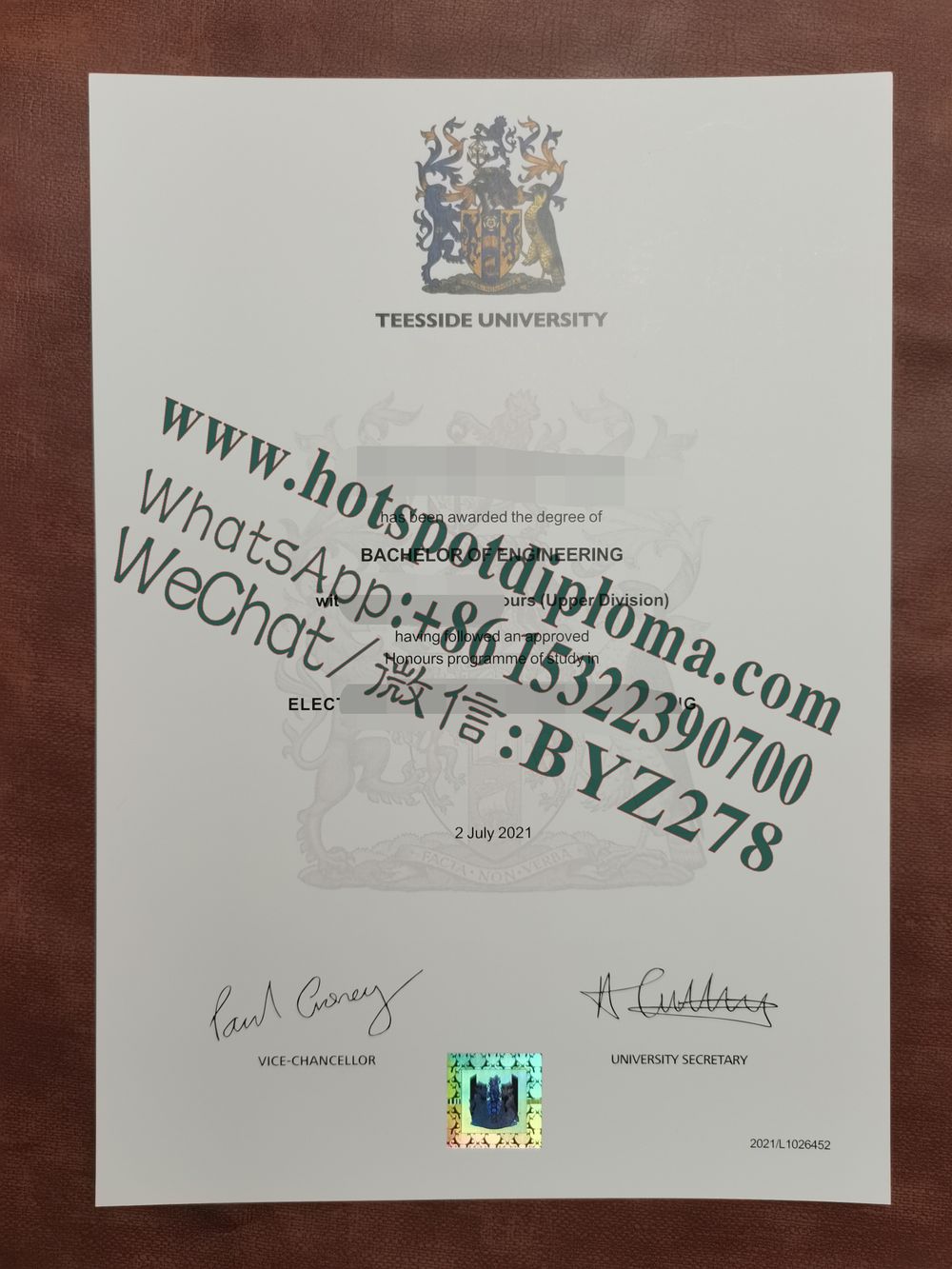 Fake Teesside University Diploma certificate certificate