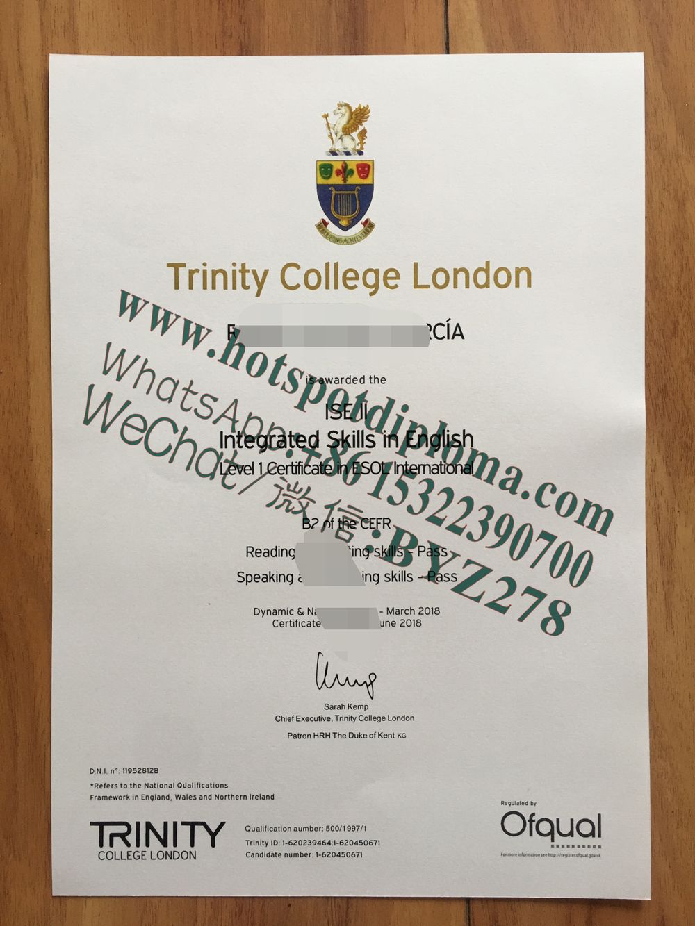Fake Trinity College London Diploma certificate certificate