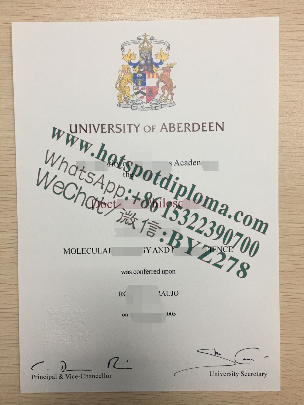 Fake University of Aberdeen Graduate Diploma certificate certificate