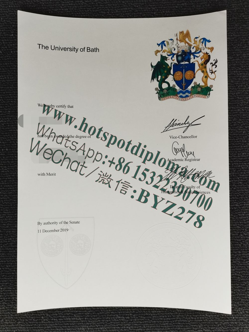 Fake University of Bath Diploma certificate certificate