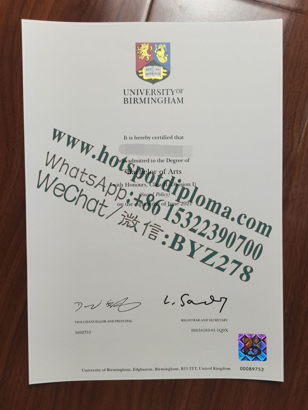 Fake University of Birmingham Diploma certificate certificate