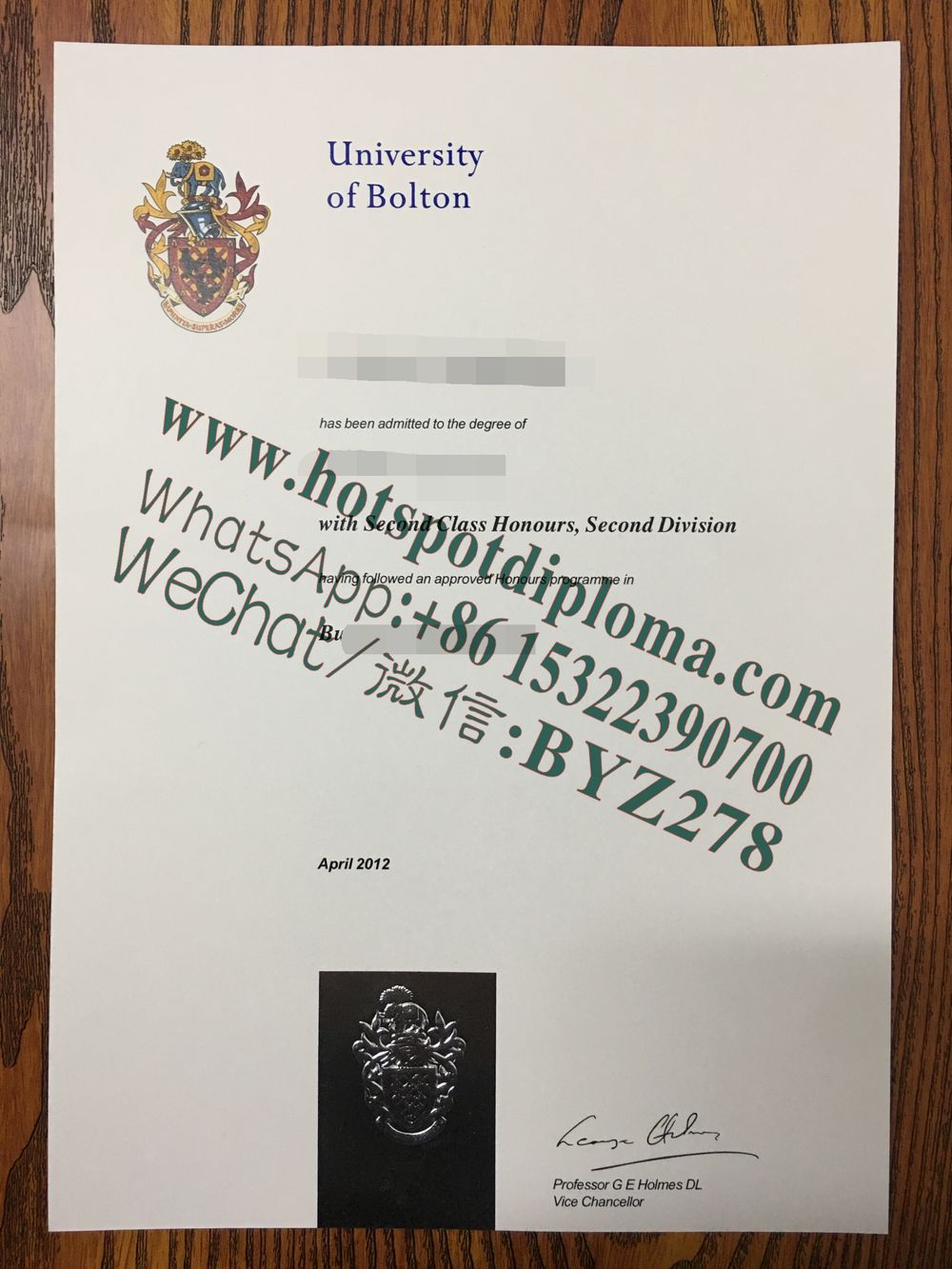 Fake University of Bolton Diploma certificate certificate