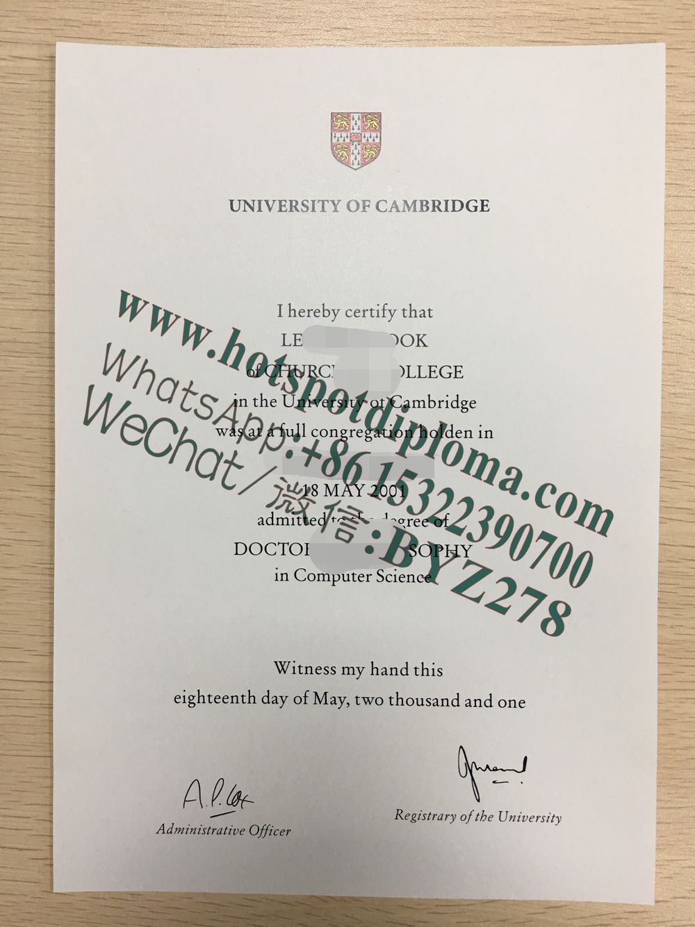 Fake University of Cambridge diploma certificate certificate