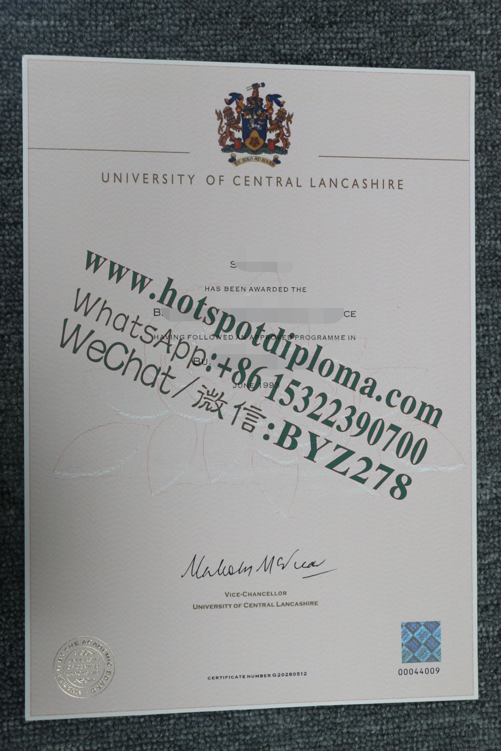 Fake University of Central Lancashire Diploma certificate certificate