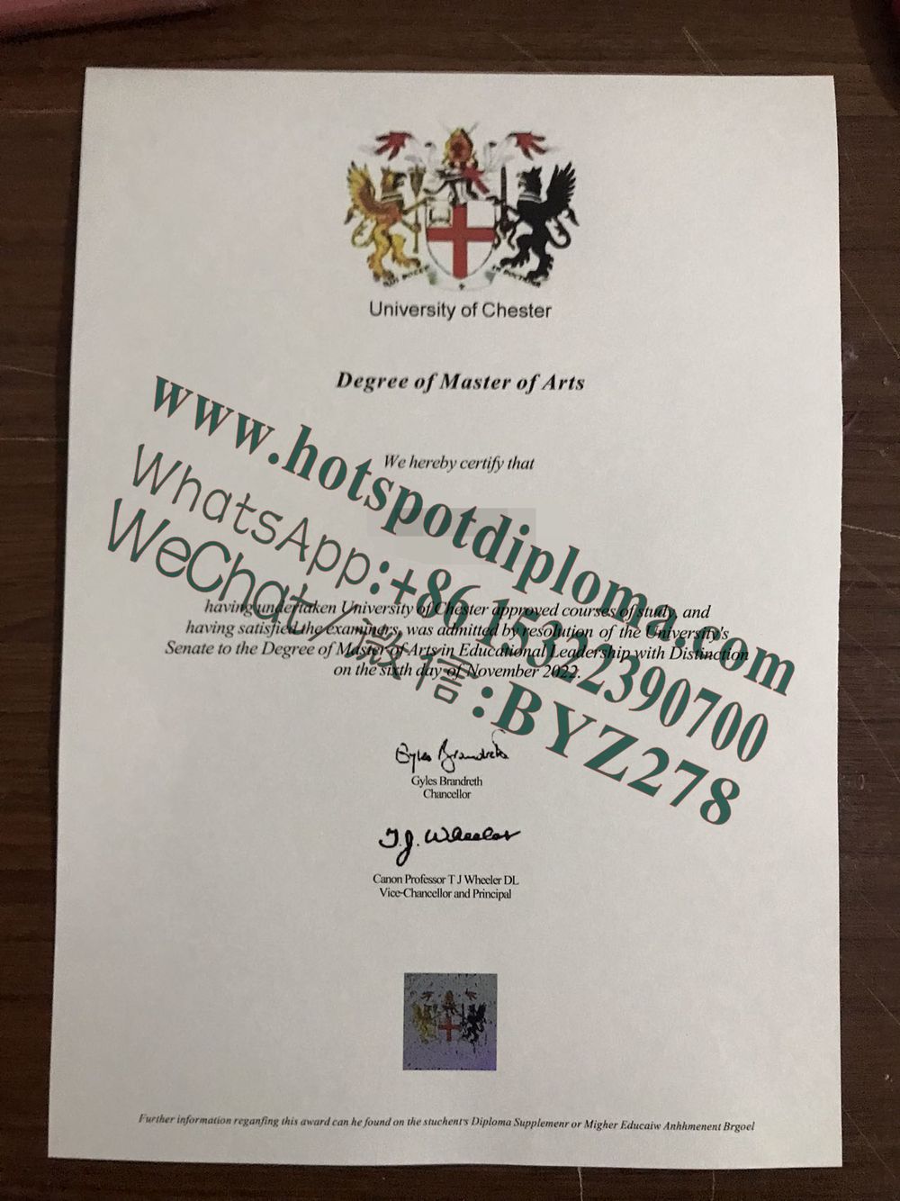 Fake University of Chester diploma certificate certificate