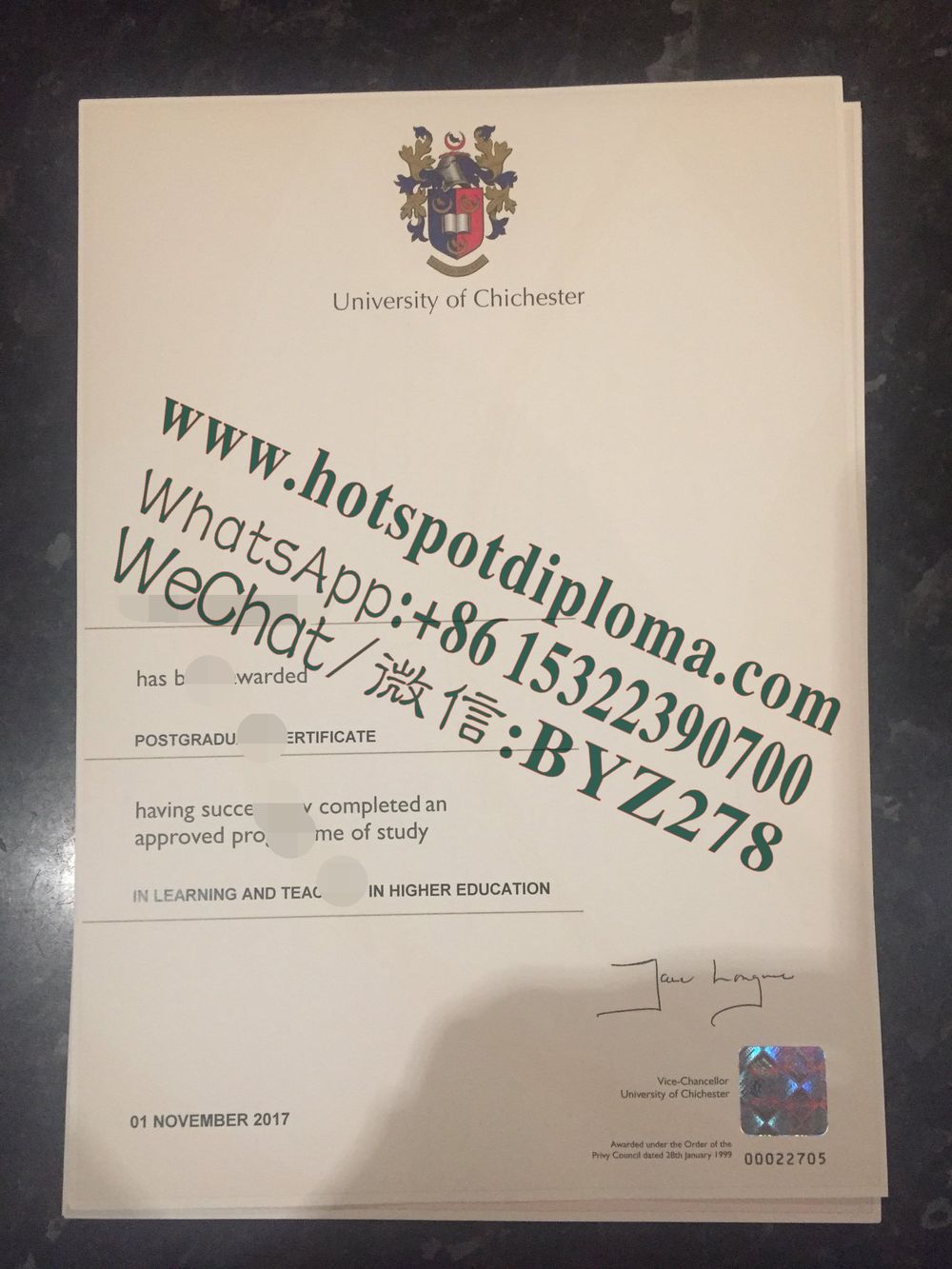 Fake University of Chichester Diploma certificate certificate