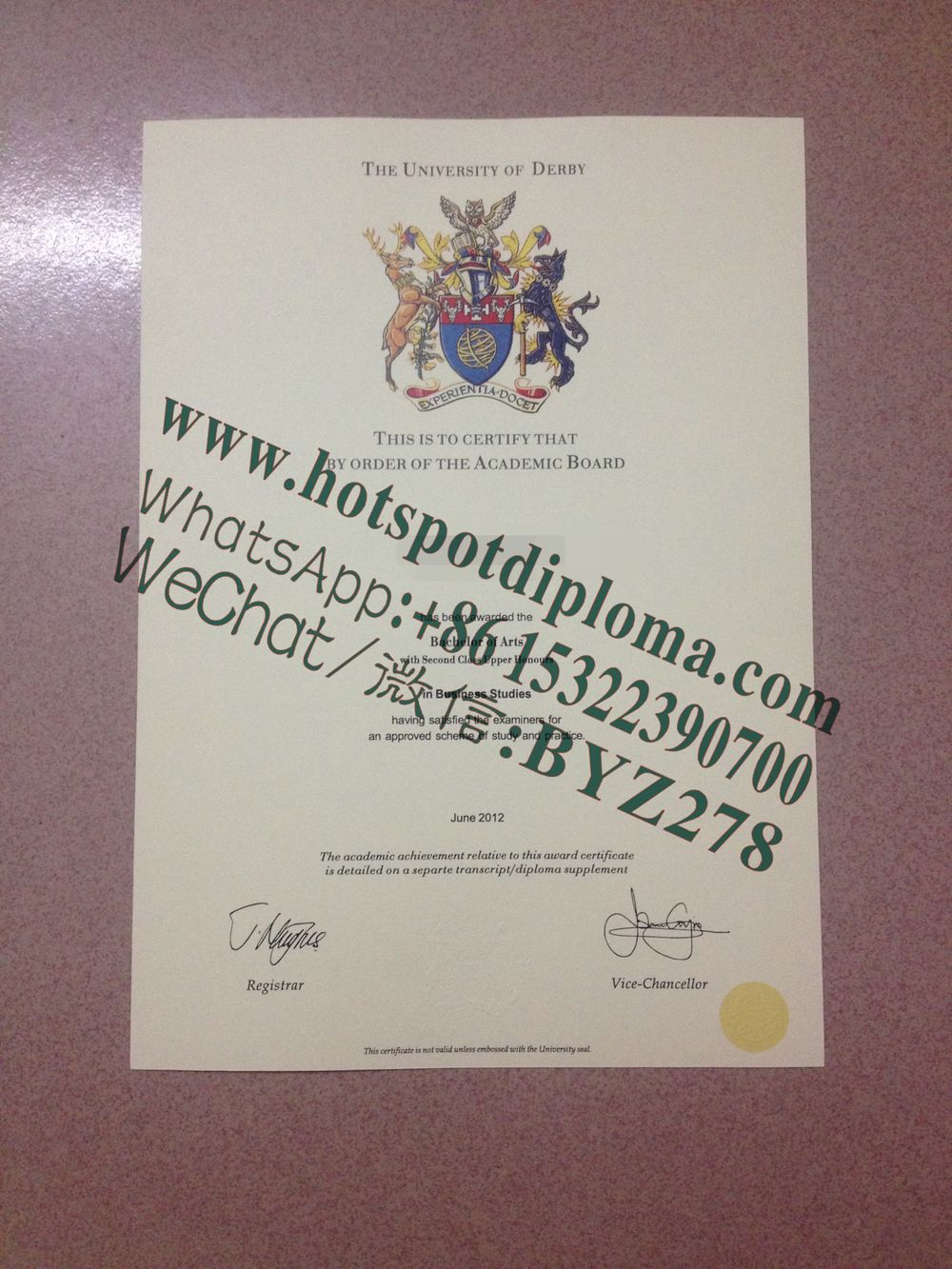 Fake University of Derby Diploma certificate certificate
