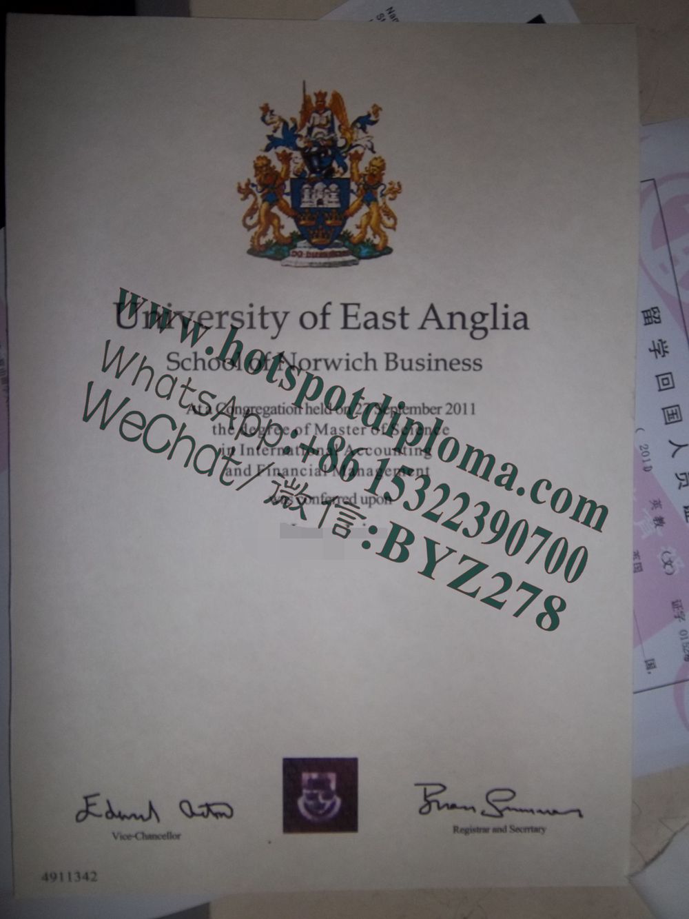 Fake University of East Anglia diploma certificate certificate