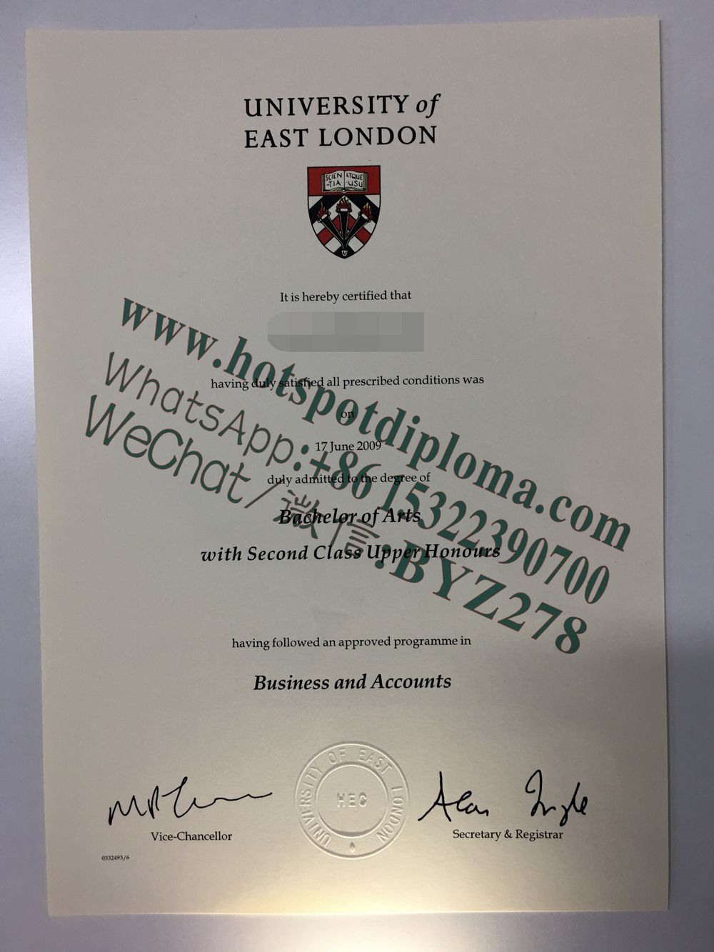 Fake University of East London Diploma certificate certificate